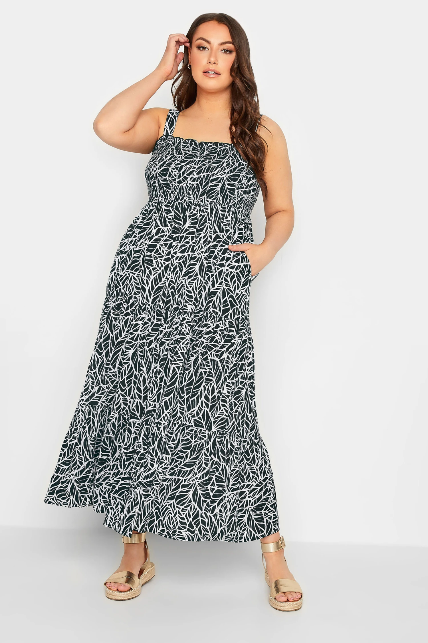YOURS Curve Black Leaf Print Shirred Maxi Dress 1 YOURS Curve Black Leaf Print Shirred Maxi Dress