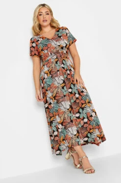YOURS Curve Black & Orange Leaf Print Maxi Dress
