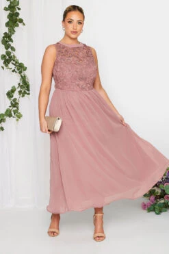 YOURS LONDON Curve Pink Lace Detail Chiffon Maxi Dress