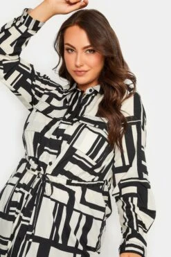 YOURS Curve Black & White Geometric Print Utility Pocket Shirt -Saga Dresses Shop a5601300 27b3 4a 131739 D