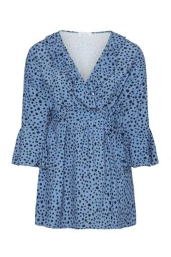 YOURS LONDON Curve Blue Dalmatian Ruffle Wrap Top -Saga Dresses Shop a59aa90b 23ce 4f 161499 X