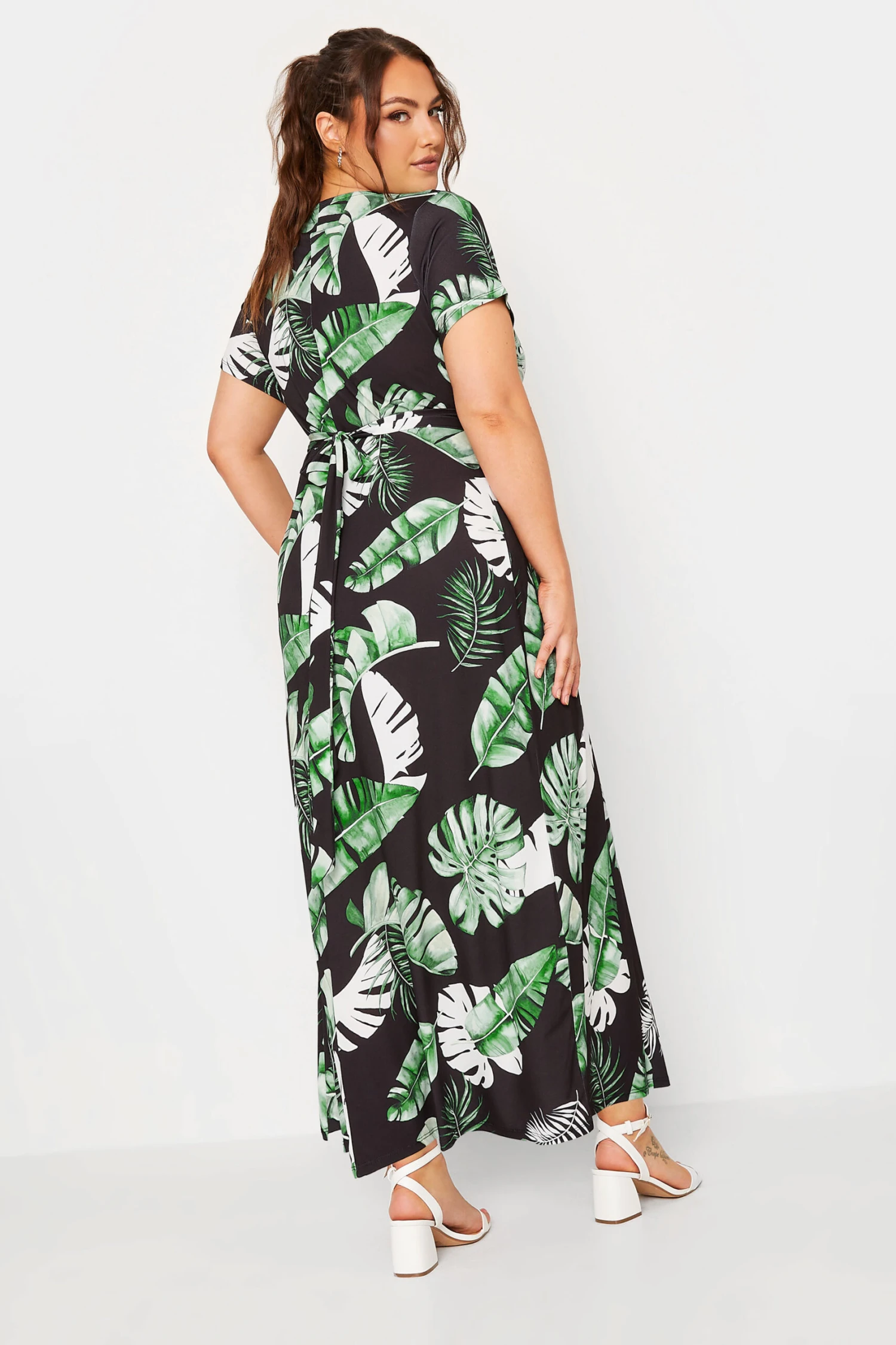 YOURS Curve Black Leaf Print Wrap Front Midaxi Dress 2 YOURS Curve Black Leaf Print Wrap Front Midaxi Dress - Image 2