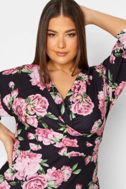 YOURS LONDON Curve Black Floral Drop Shoulder Wrap Dress -Saga Dresses Shop a6e38277 f9a9 43 162044 D