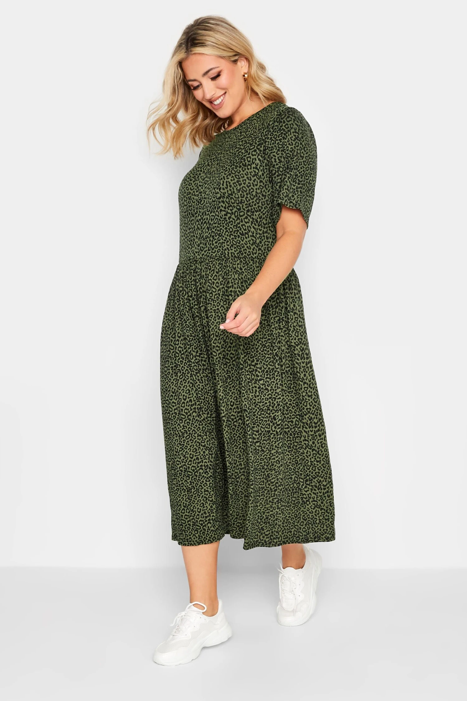 YOURS Curve Green Leopard Print Midi Smock Dress 1 YOURS Curve Green Leopard Print Midi Smock Dress