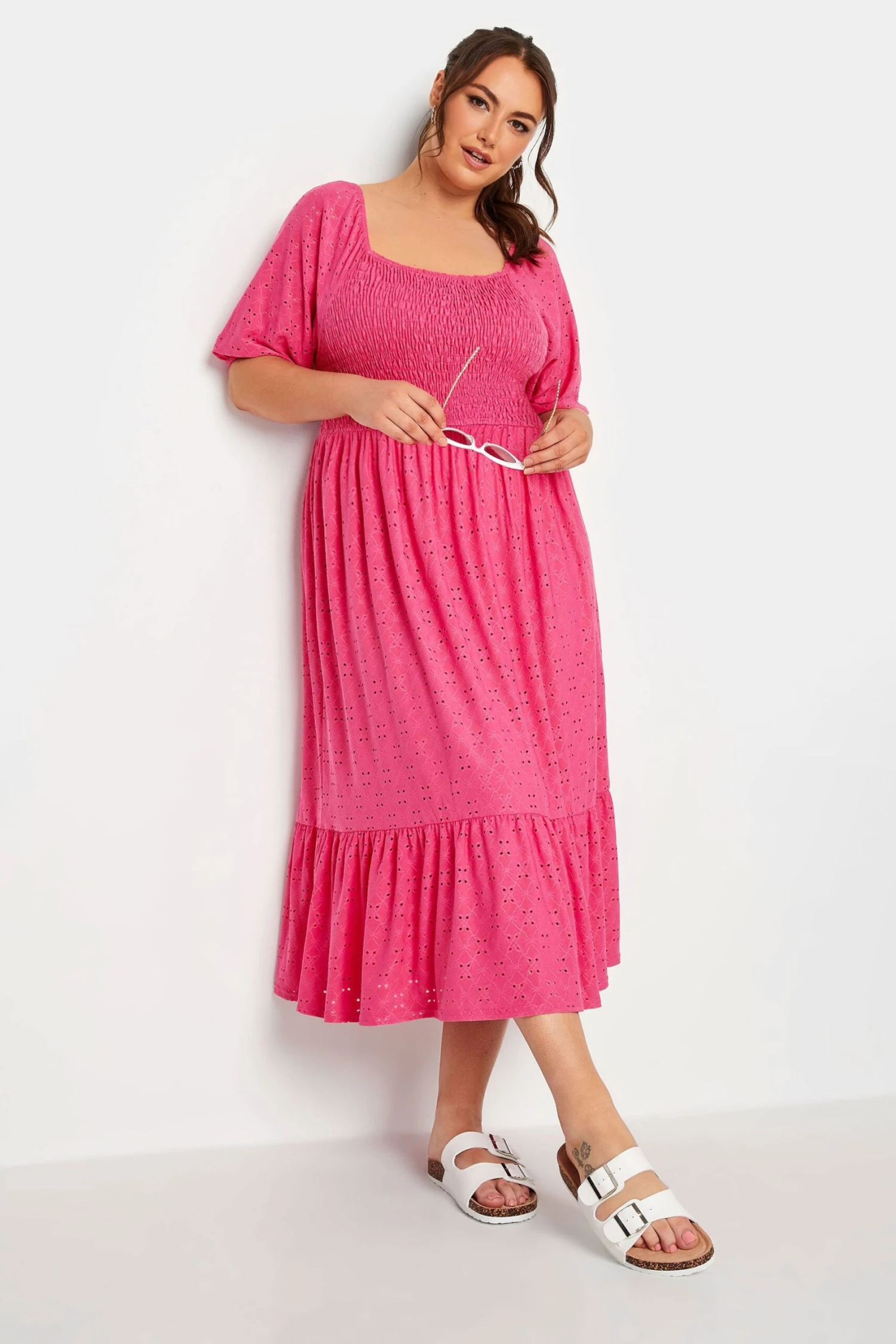 YOURS Curve Pink Shirred Broderie Anglaise Midaxi Dress 1 YOURS Curve Pink Shirred Broderie Anglaise Midaxi Dress