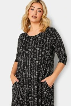 YOURS Curve Black Star Print Drape Pocket Mini Dress -Saga Dresses Shop a88caadb ae50 42 301909 D