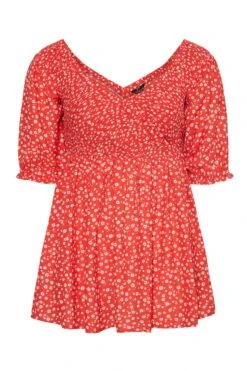 LIMITED COLLECTION Curve Red Daisy Shirred Bardot Peplum Blouse -Saga Dresses Shop a9527706 743c 4c 214425 X