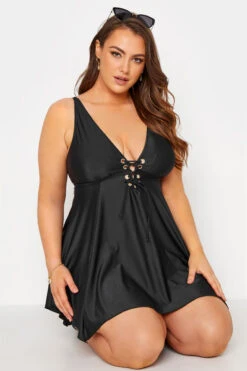 YOURS Curve Black Eyelet Lace Up Tummy Control Swim Dress -Saga Dresses Shop a9cf40fc 536f 4e 150212 D