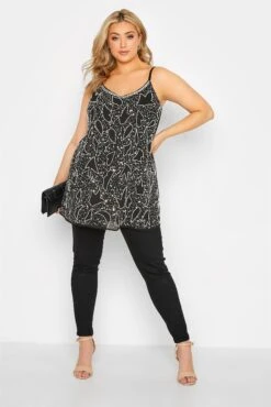 LUXE Curve Black Abstract Sequin Hand Embellished Cami Top