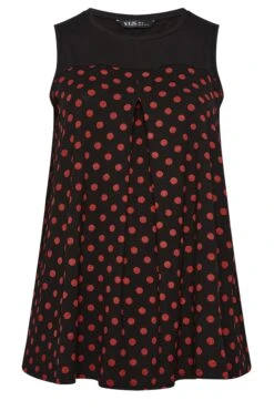YOURS Curve Black Polka Dot Print Pleat Front Vest Top -Saga Dresses Shop ac156350 31d0 41 302252 X