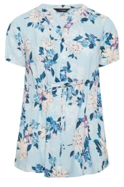 YOURS Curve Blue Floral Short Sleeve Shirt -Saga Dresses Shop ac7e6c40 57dd 48 301182 X