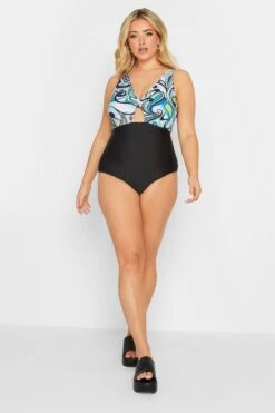 YOURS Curve Black Retro Swirl Print Keyhole Tummy Control Swimsuit