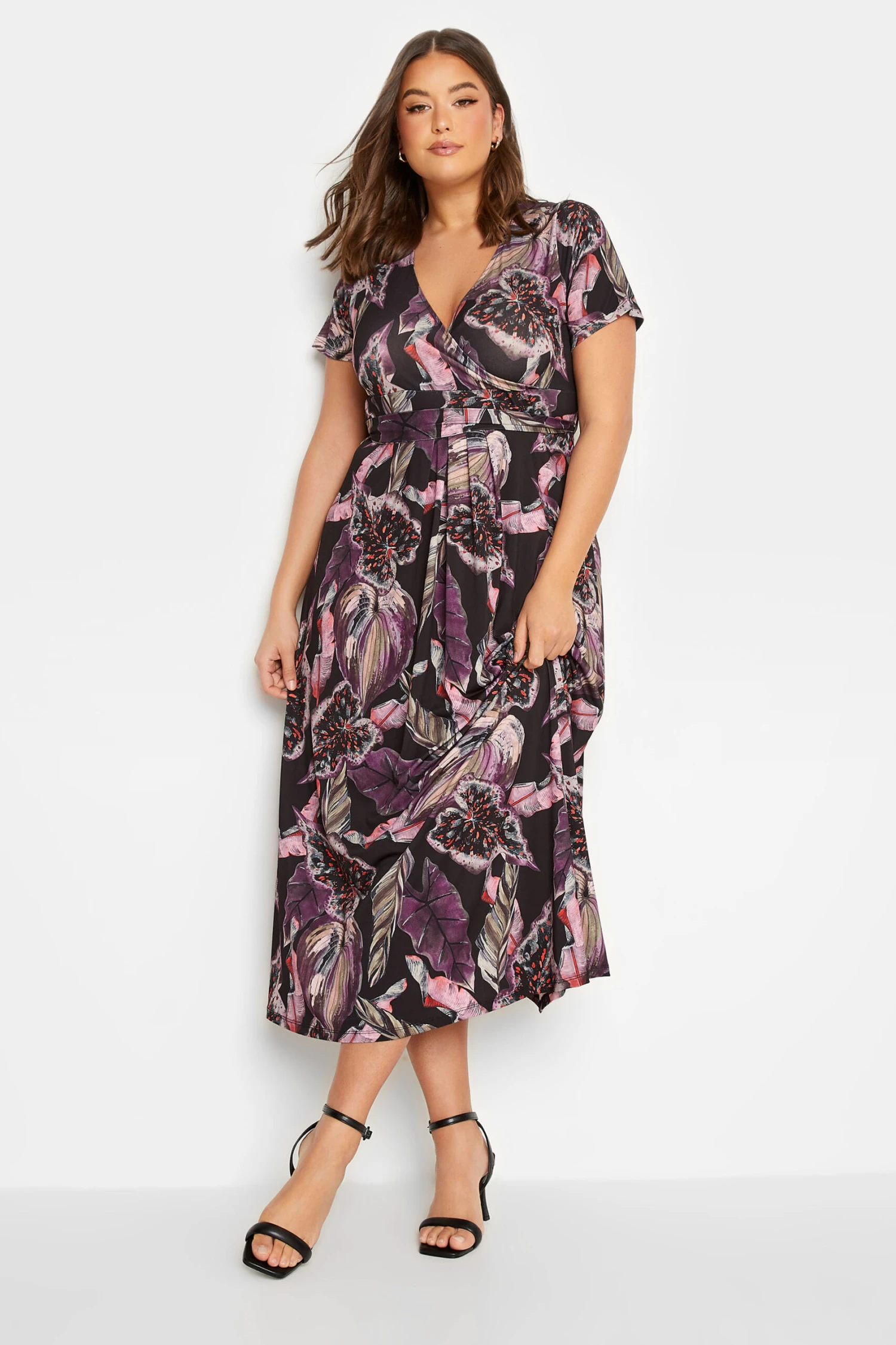 YOURS Curve Black Leaf Print Wrap Dress 1 YOURS Curve Black Leaf Print Wrap Dress