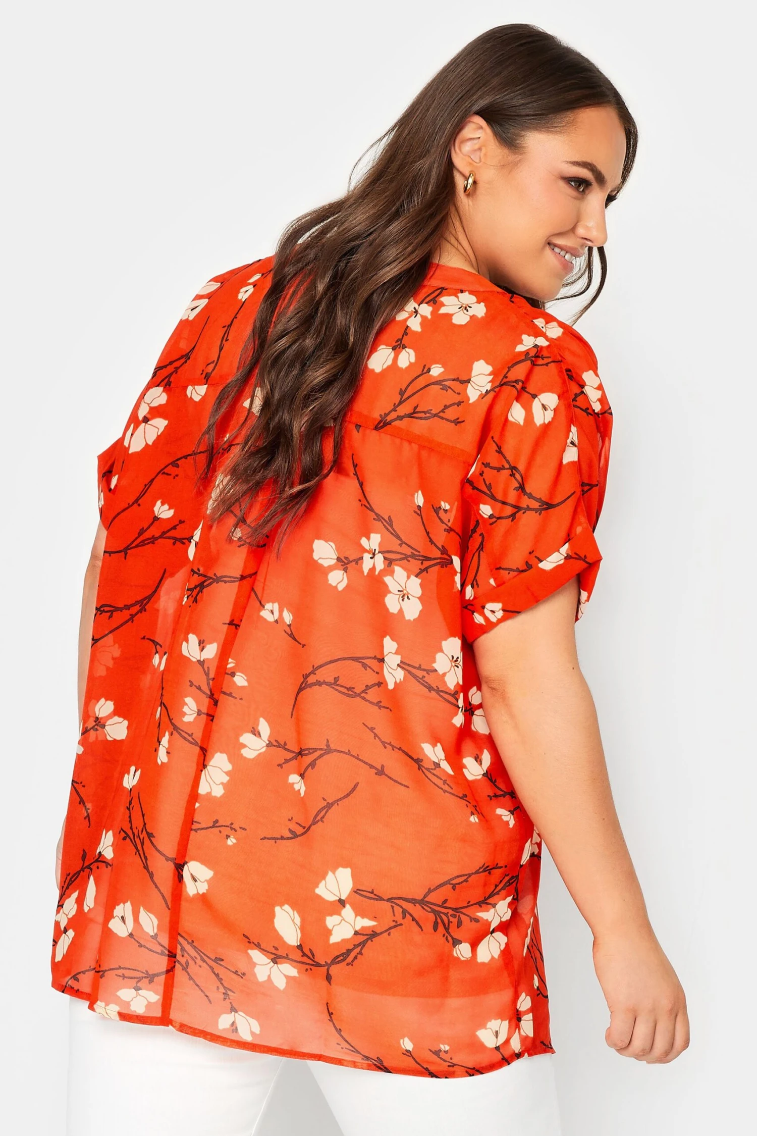 YOURS Curve Orange Floral Half Placket Shirt 2 YOURS Curve Orange Floral Half Placket Shirt - Image 2