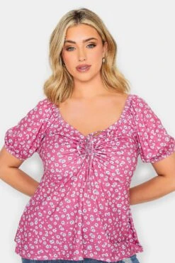 YOURS PETITE Curve Pink Ditsy Print Ruched Front Top -Saga Dresses Shop add7469b bc40 49 174564 D
