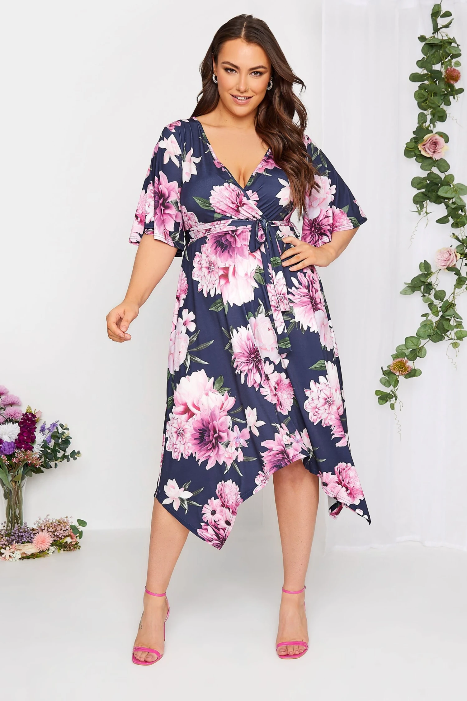 YOURS LONDON Curve Navy Blue & Purple Hanky Hem Floral Dress 1 YOURS LONDON Curve Navy Blue & Purple Hanky Hem Floral Dress