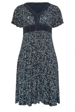 YOURS Curve Navy Blue Leaf Print Lace Detail Dress 10 YOURS Curve Navy Blue Leaf Print Lace Detail Dress -Saga Dresses Shop aecc8f08 6205 44 302046 X