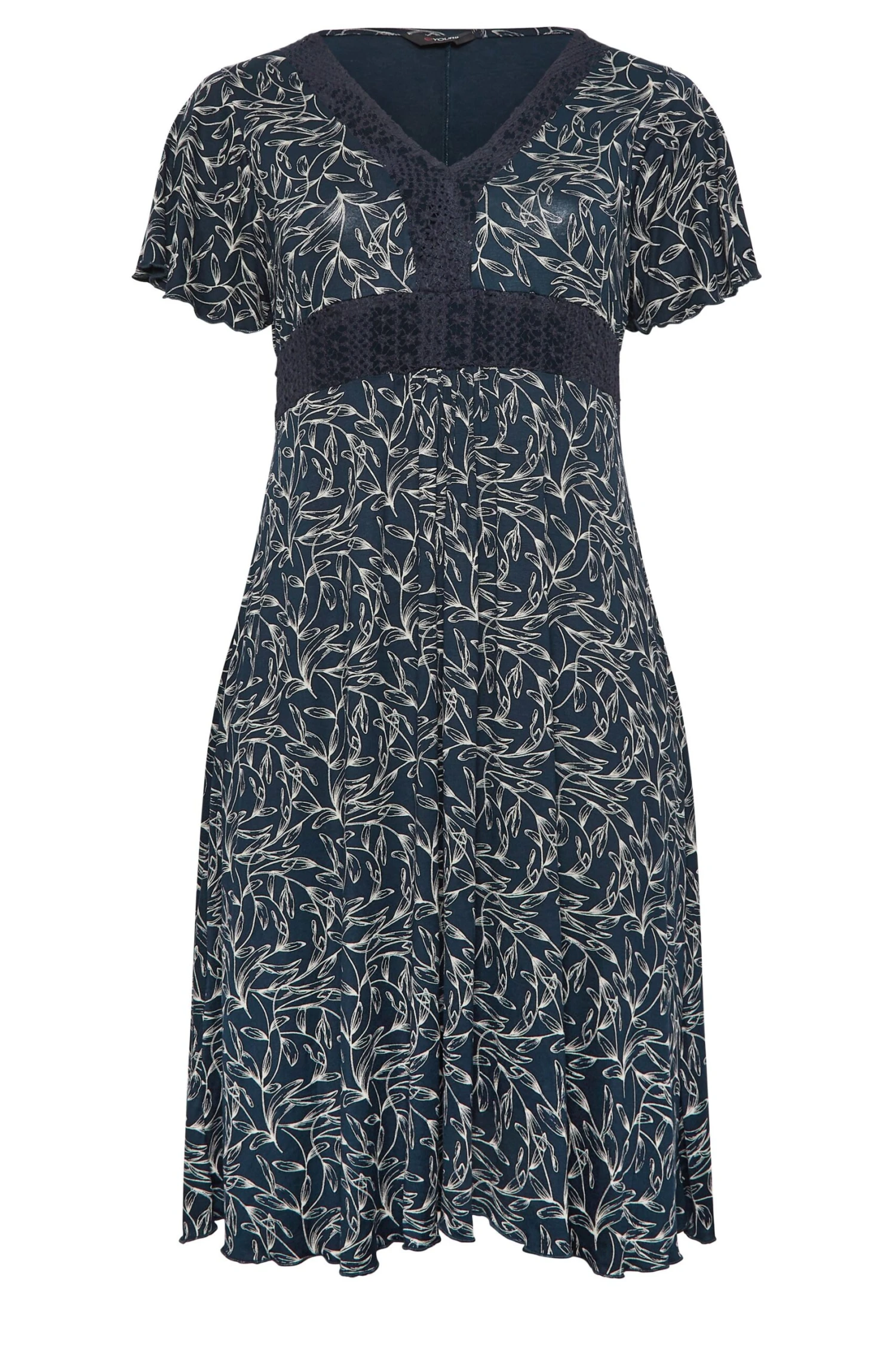 YOURS Curve Navy Blue Leaf Print Lace Detail Dress 5 YOURS Curve Navy Blue Leaf Print Lace Detail Dress - Image 5