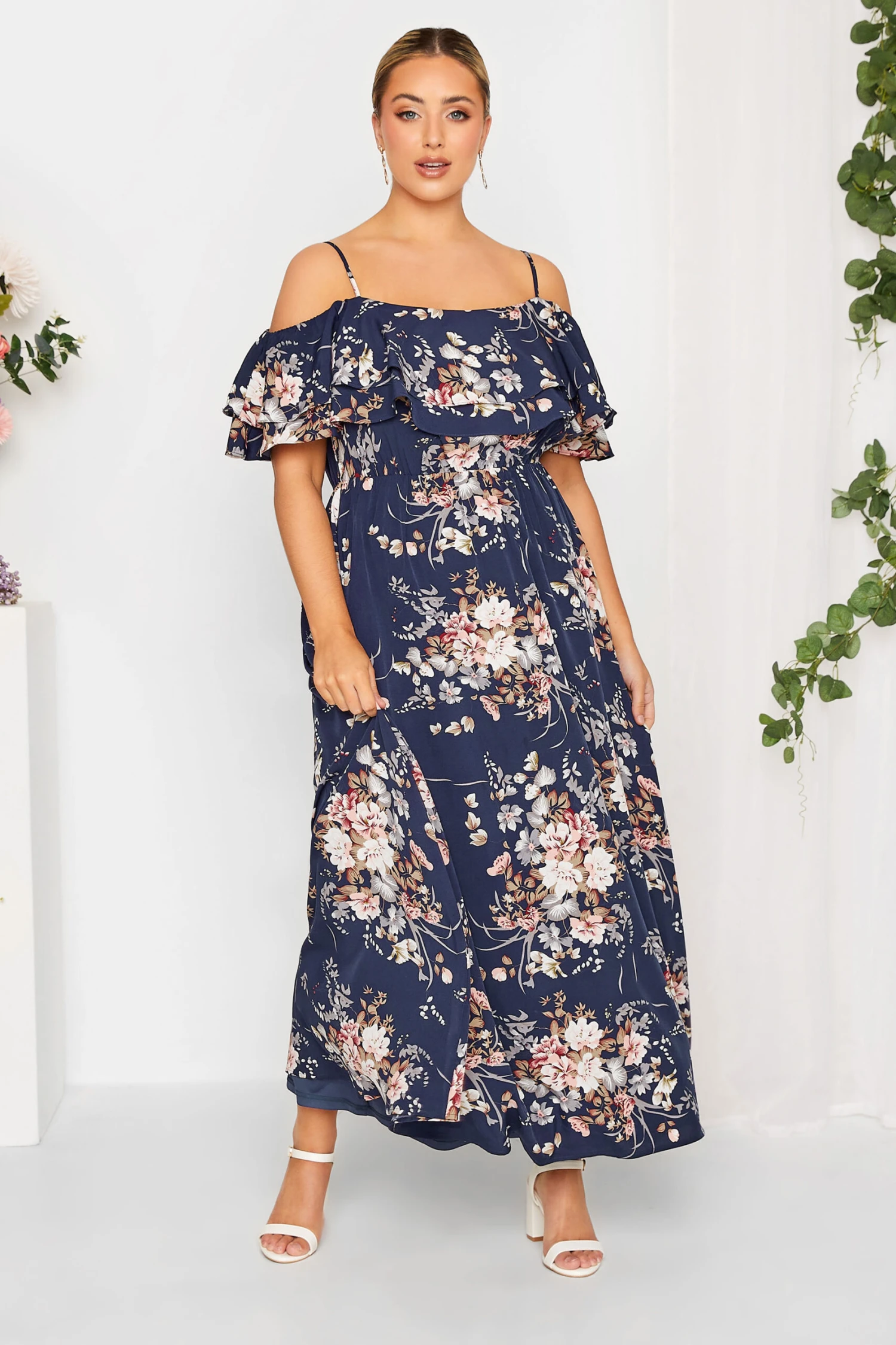 YOURS LONDON Curve Navy Blue Floral Ruffle Bardot Maxi Dress 1 YOURS LONDON Curve Navy Blue Floral Ruffle Bardot Maxi Dress