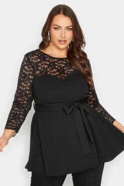 YOURS LONDON Curve Black Lace Sweetheart Peplum Top