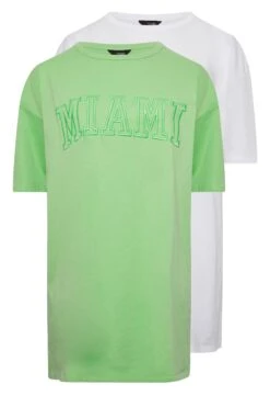 YOURS Curve 2 PACK White & Green 'Miami' Tunic T-Shirts -Saga Dresses Shop b3a20502 48b7 4c 320771 XS