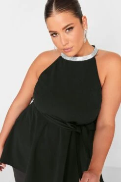 YOURS LONDON Curve Black Diamante Choker Peplum Top -Saga Dresses Shop b3a52b36 961a 40 162169 D