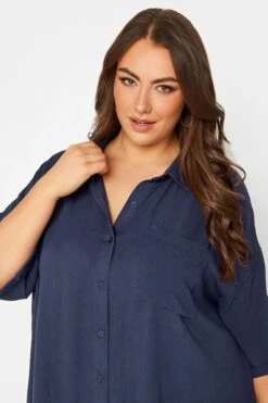 YOURS Curve Navy Blue Short Sleeve Crinkle Shirt -Saga Dresses Shop b40d6bd6 66f1 40 131894 D