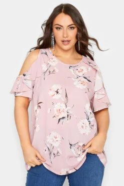 YOURS LONDON Curve Pink Floral Frill Cold Shoulder Top -Saga Dresses Shop b4ab475d 4e62 4d 162157 D