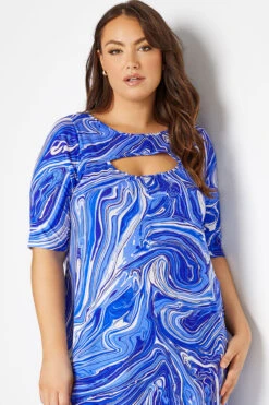 YOURS Curve Blue Marble Print Cut Out T-Shirt Dress -Saga Dresses Shop b4cbdaba acee 48 137209 M