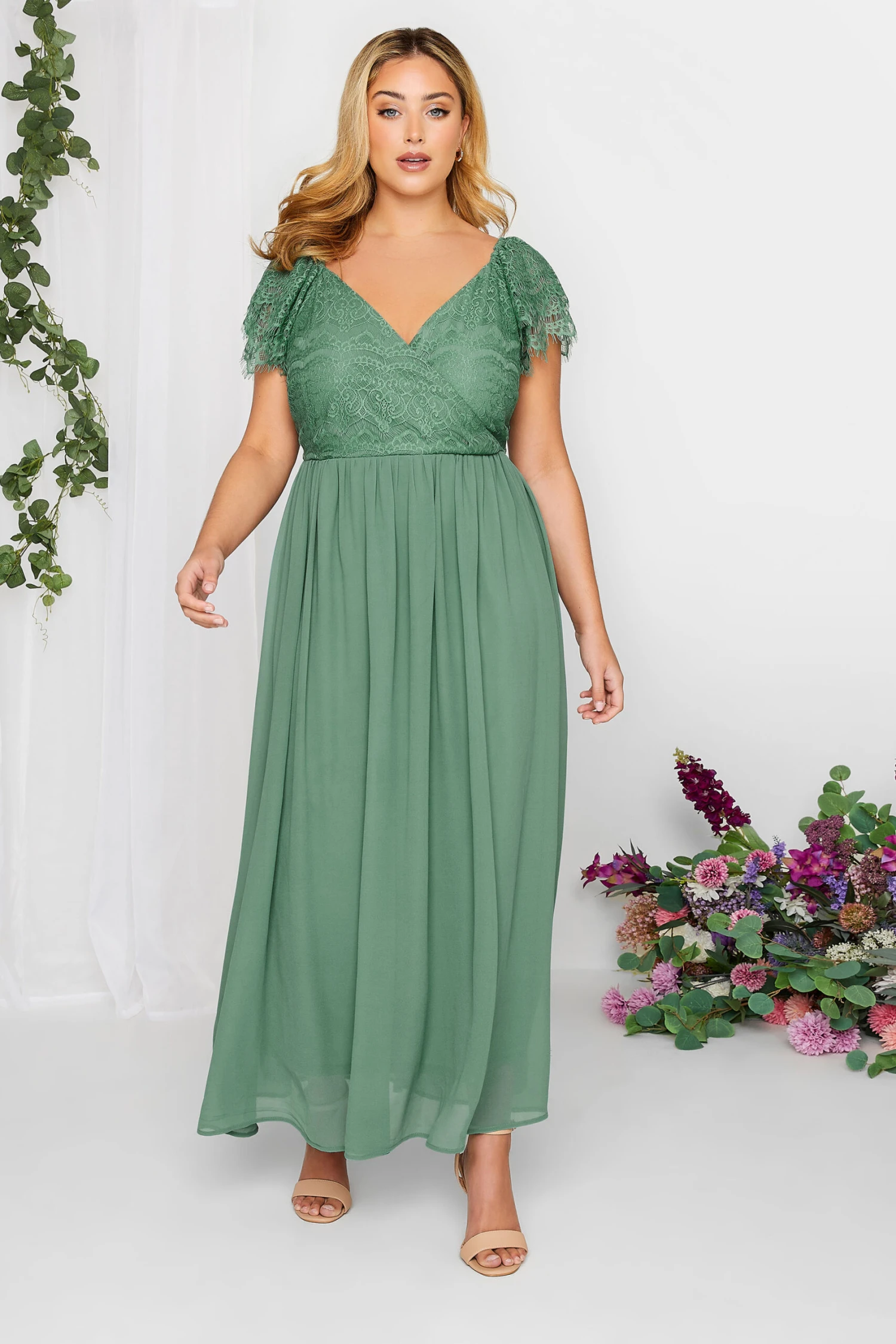 YOURS LONDON Curve Green Lace Detail Wrap Maxi Dress 1 YOURS LONDON Curve Green Lace Detail Wrap Maxi Dress