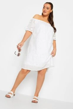 YOURS Curve White Broderie Anglaise Bardot Dress