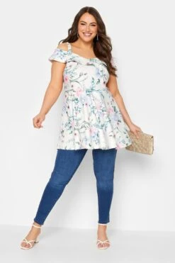 YOURS LONDON Curve White Floral Bardot Peplum Top