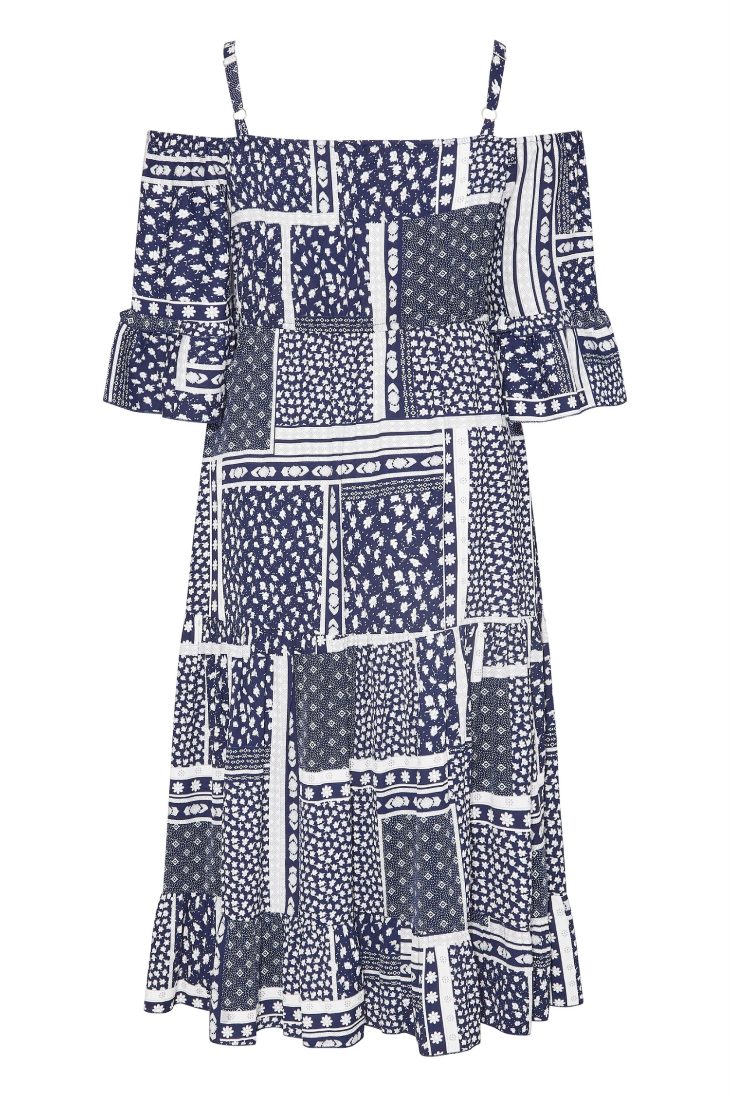 LIMITED COLLECTION Curve Navy Blue Patchwork Print Cold Shoulder Dress 6 LIMITED COLLECTION Curve Navy Blue Patchwork Print Cold Shoulder Dress - Image 6