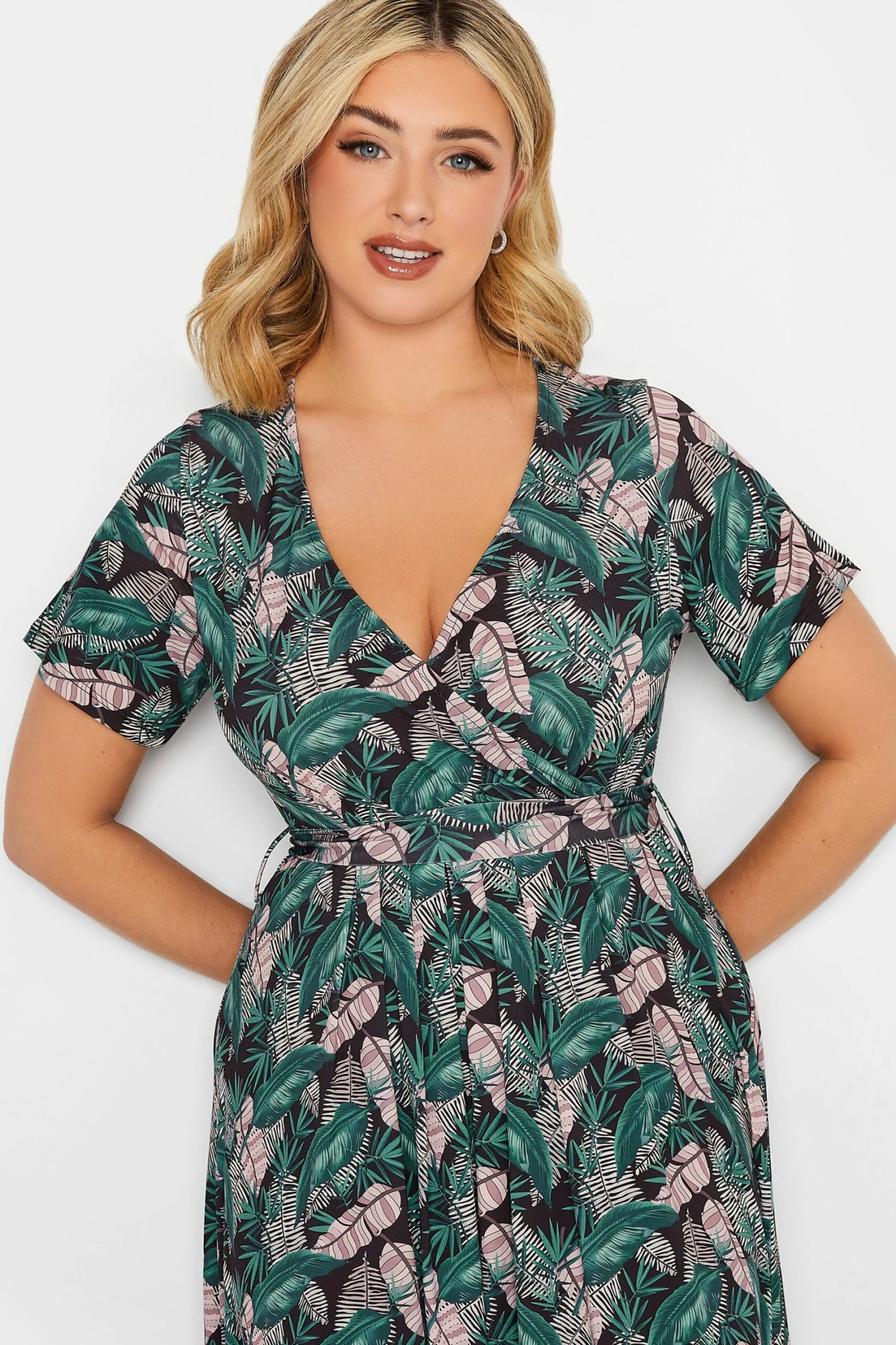 YOURS Curve Black Leaf Print Maxi Wrap Dress 3 YOURS Curve Black Leaf Print Maxi Wrap Dress - Image 3