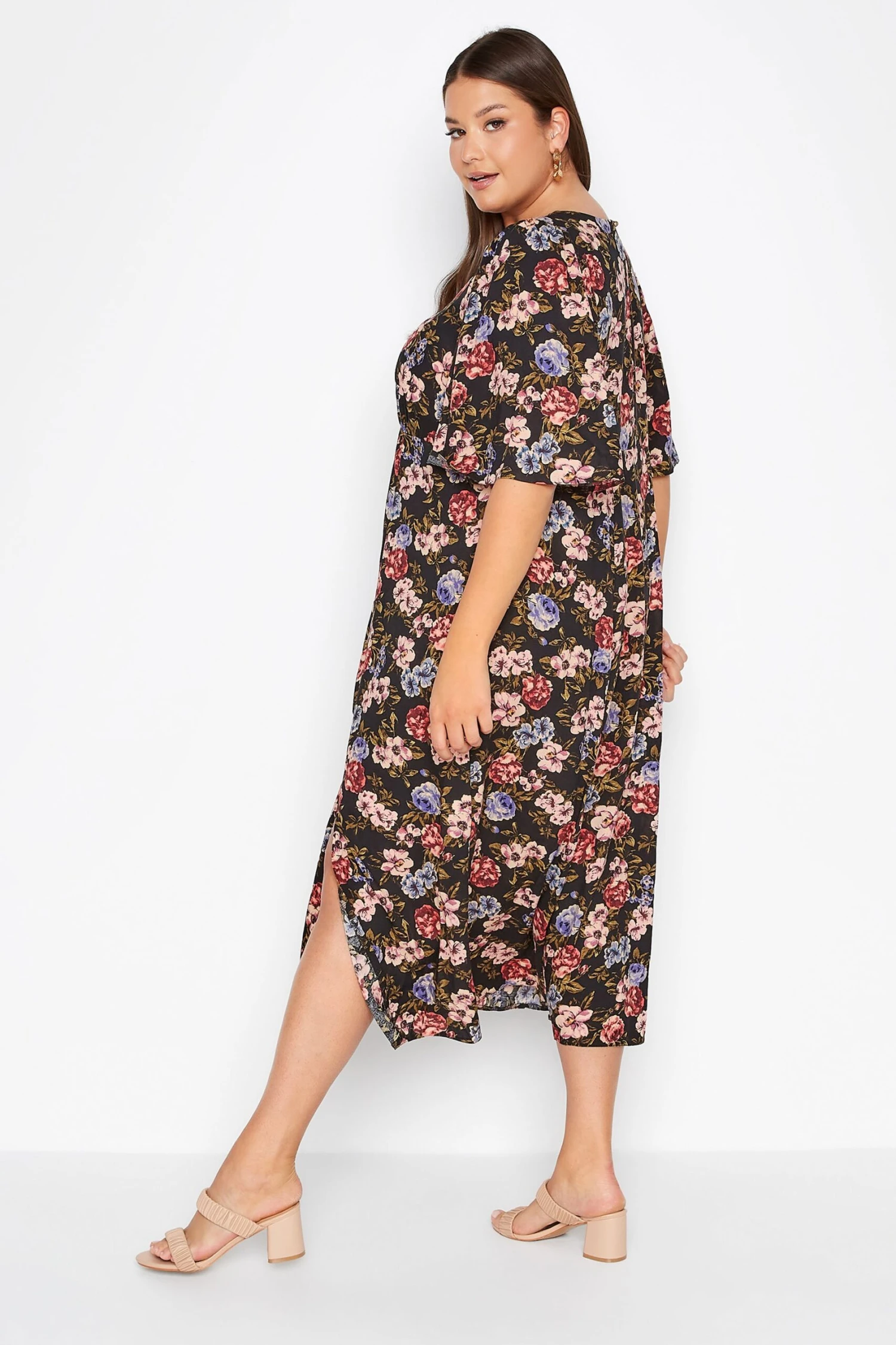 YOURS Curve Black Floral Print Side Split Midi Dress 2 YOURS Curve Black Floral Print Side Split Midi Dress - Image 2