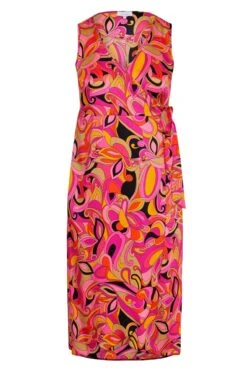 YOURS LONDON Curve Hot Pink Abstract Print Satin Wrap Dress -Saga Dresses Shop b915a502 a845 4f 161575 X