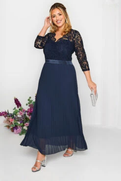 YOURS LONDON Curve Navy Blue Lace Pleated Maxi Dress