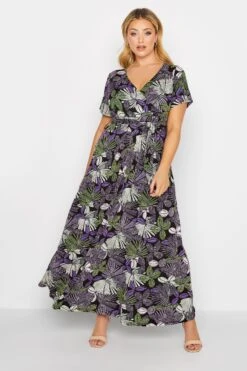 YOURS Curve Purple & Green Leaf Print Maxi Dress