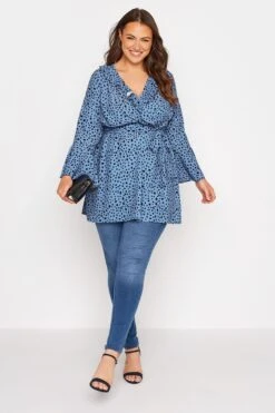 YOURS LONDON Curve Blue Dalmatian Ruffle Wrap Top