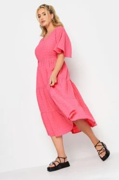 LIMITED COLLECTION Curve Hot Pink Textured Tiered Smock Dress