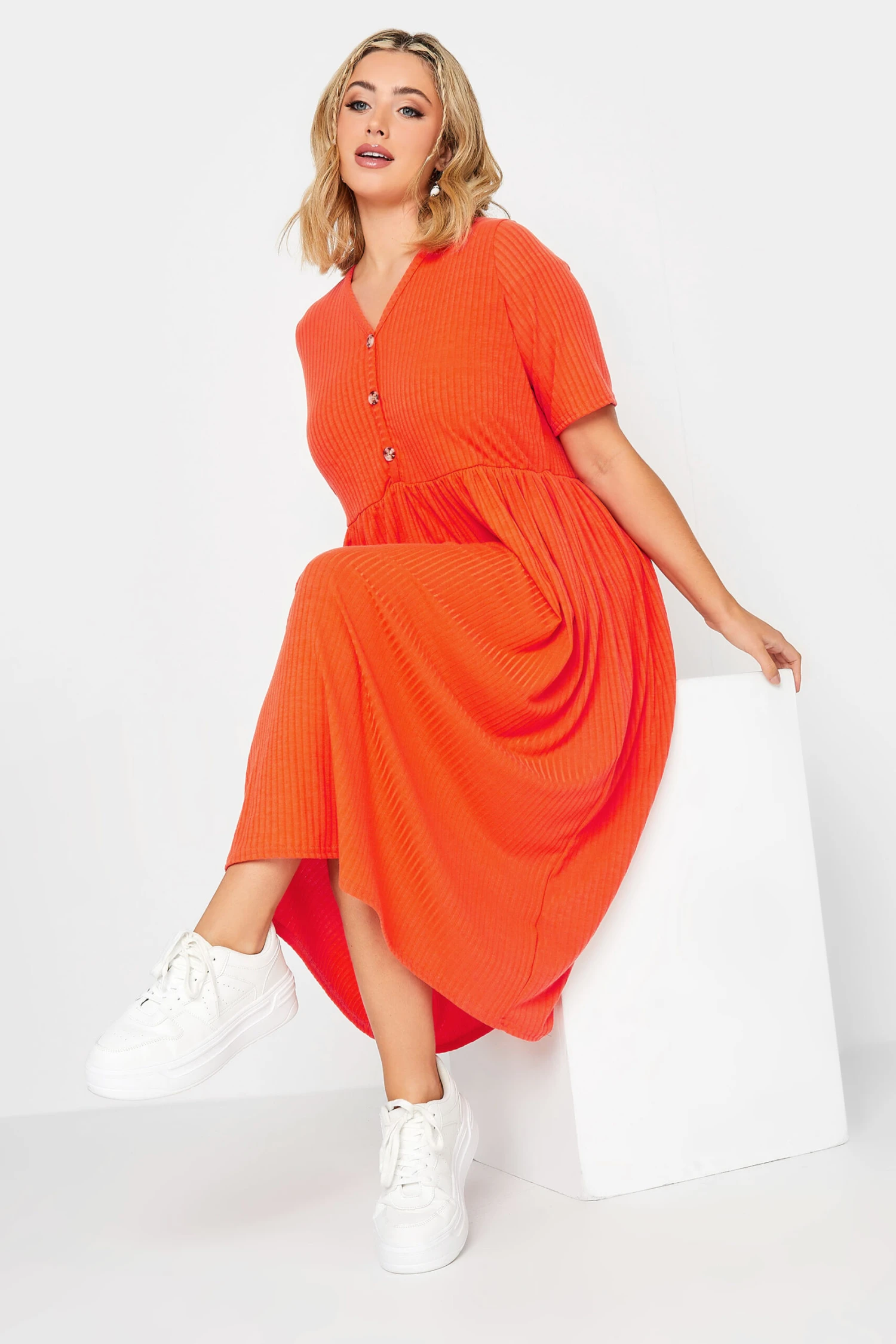 LIMITED COLLECTION Curve Orange Ribbed Peplum Midi Dress 1 LIMITED COLLECTION Curve Orange Ribbed Peplum Midi Dress