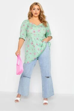 LIMITED COLLECTION Curve Green Gingham Floral Puff Sleeve Peplum Top
