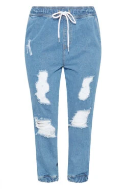 YOURS Curve Mid Blue Ripped Jogger Jeans -Saga Dresses Shop bcce2ef2 18ec 4a 142914 F