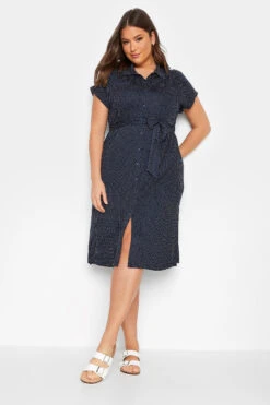 YOURS Curve Navy Blue Polka Dot Split Hem Shirt Dress