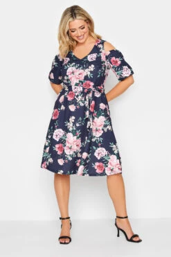 YOURS LONDON Curve Navy Blue Floral Cold Shoulder Skater Dress