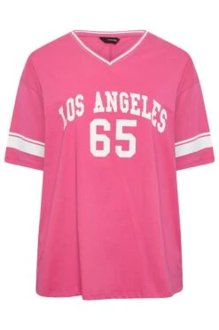 YOURS Curve Hot Pink 'Los Angeles' Slogan Varsity T-Shirt -Saga Dresses Shop c0da5da2 08ae 4e 320910 X