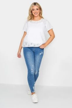 YOURS PETITE Curve White Broderie Anglaise Short Sleeve Top