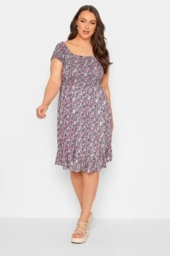 YOURS Curve Pink Floral Ditsy Shirred Midi Dress