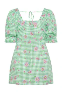 LIMITED COLLECTION Curve Green Gingham Floral Puff Sleeve Peplum Top -Saga Dresses Shop c22e39e2 b393 4b 214366 BK