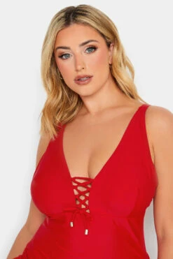 YOURS Curve Red Drawstring Detail Swimsuit -Saga Dresses Shop c2619fda 039f 46 150308 D